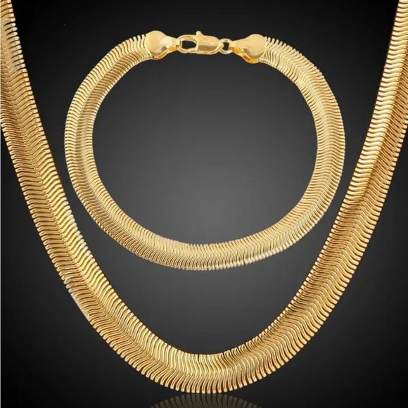 Mens 2 Piece High Quality 20" Snake Chain & Bracelet Set Goldtone Jewelry New - Picture 1 of 7